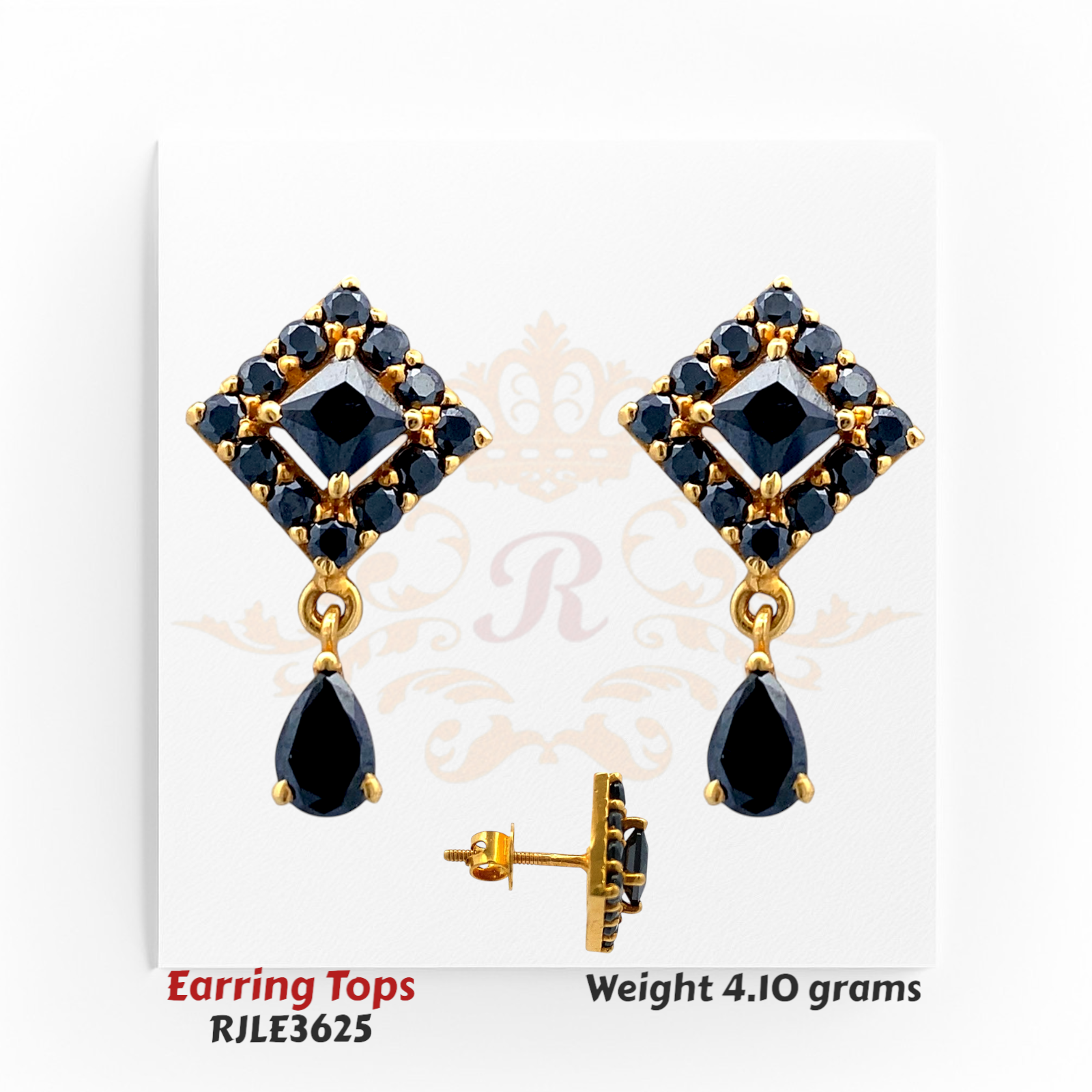 22kt gold earring tops featuring black gemstone-studded diamond shapes with a teardrop dangle, product code RJLE3625, weight 4.10 grams.