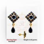 22kt gold earring tops featuring black gemstone-studded diamond shapes with a teardrop dangle, product code RJLE3625, weight 4.10 grams.