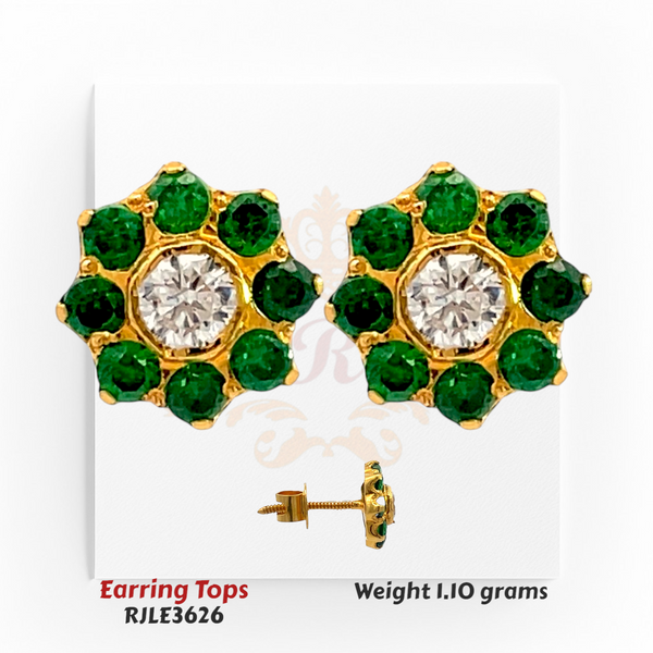 22kt Gold Green Stone &  CZ (Cubic Zirconia) Earring Tops – Floral Stud Design