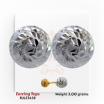 22kt white gold-finished (Rhodium) dome stud earring tops with diamond-cut texture, product code RJLE3628, weight 3.00 grams.