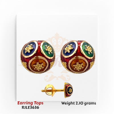 22kt gold dome-shaped earring tops with multicolor Meenakari detailing in red, green, blue, and amber, product code RJLE3636, weight 2.10 grams.
