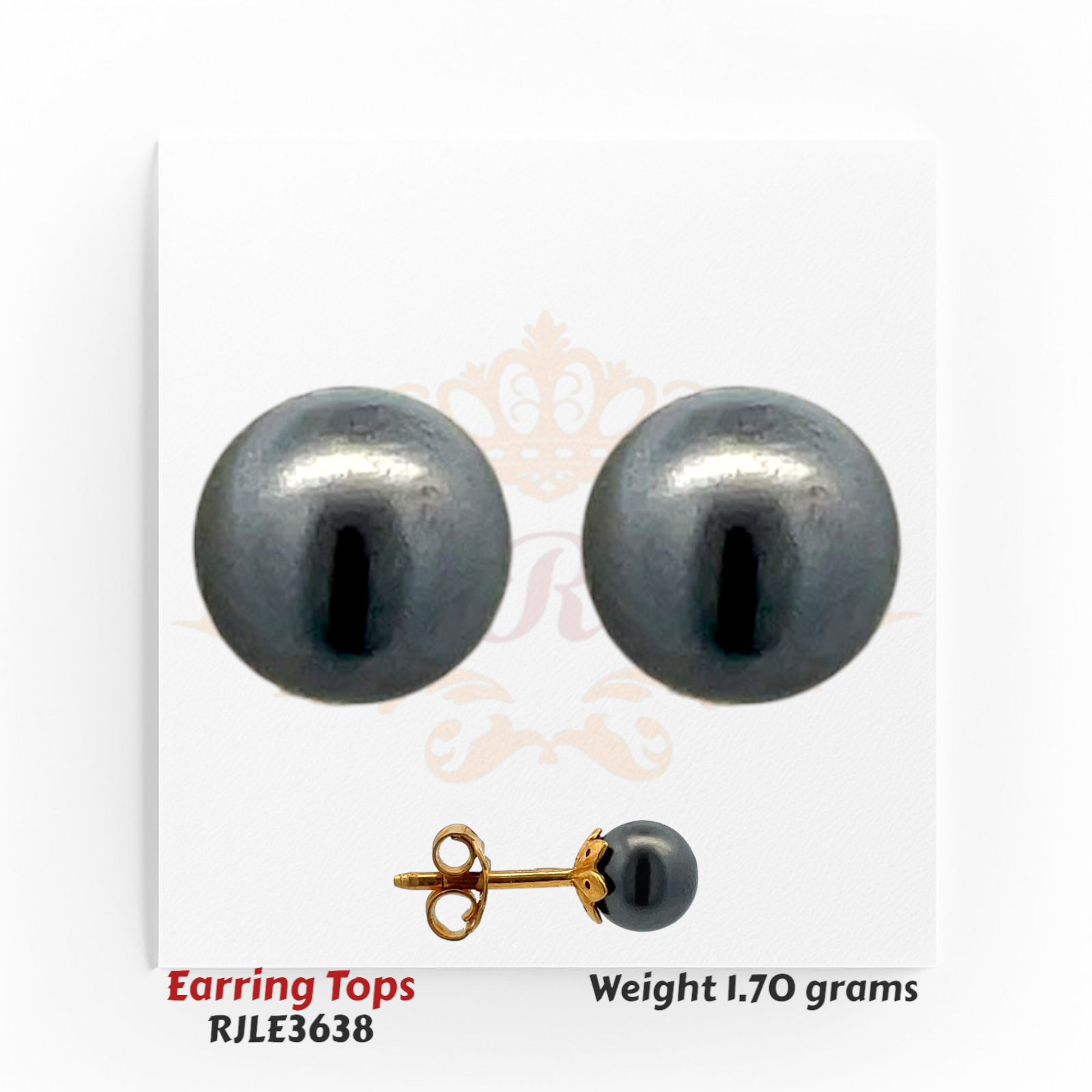 22kt gold earring tops featuring smooth black pearl domes with a polished high-shine surface, product code RJLE3638, total weight 1.70 grams.