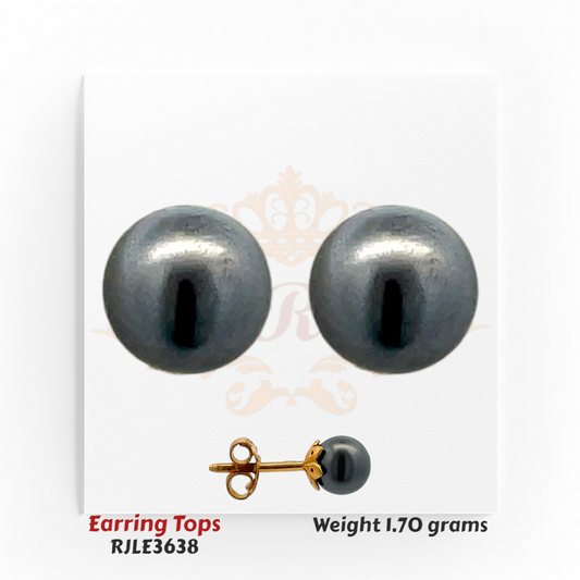 22kt gold earring tops featuring smooth black pearl domes with a polished high-shine surface, product code RJLE3638, total weight 1.70 grams.