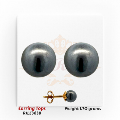22kt gold earring tops featuring smooth black pearl domes with a polished high-shine surface, product code RJLE3638, total weight 1.70 grams.