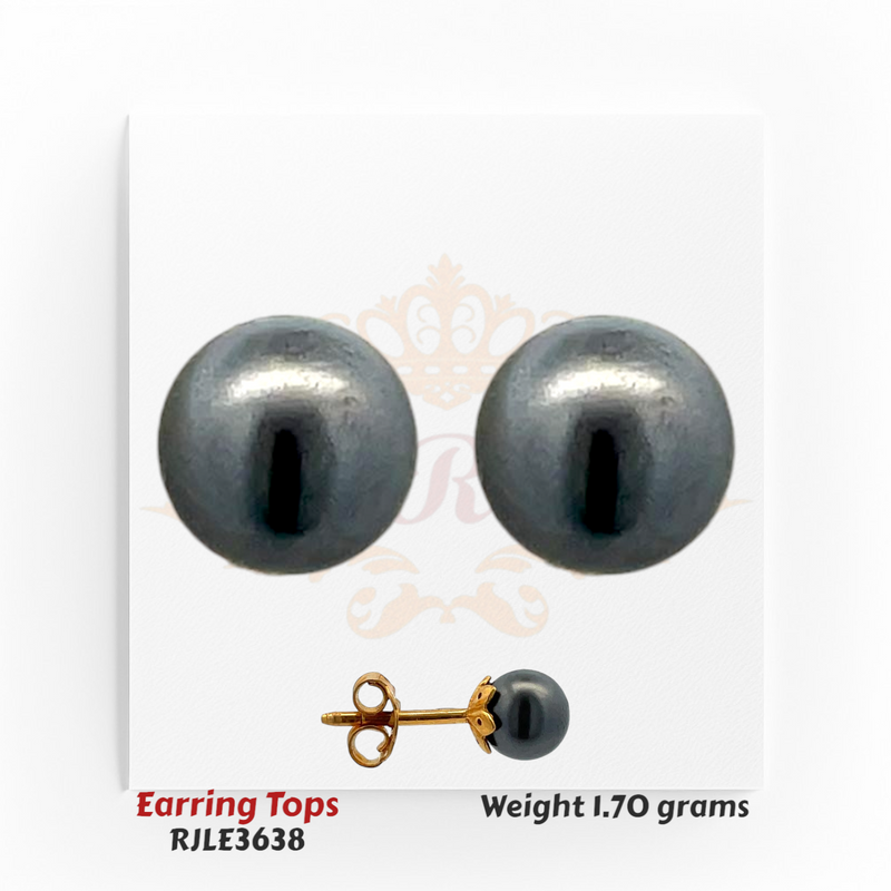 22kt gold earring tops featuring smooth black pearl domes with a polished high-shine surface, product code RJLE3638, total weight 1.70 grams.