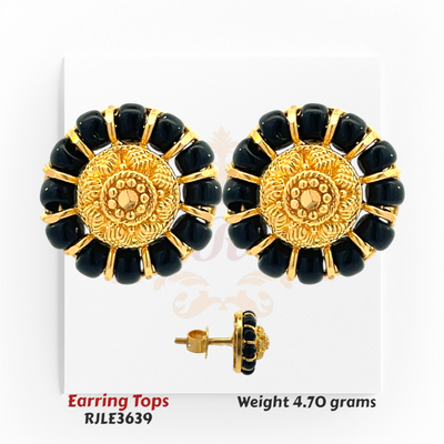 22kt Gold Black Stone Earring Tops – Bold Floral Stud Design