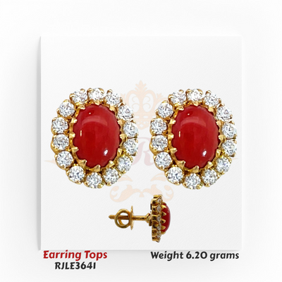 18kt Gold Red Stone & CZ (Cubic Zirconia) Earring Tops – Classic Oval Studs