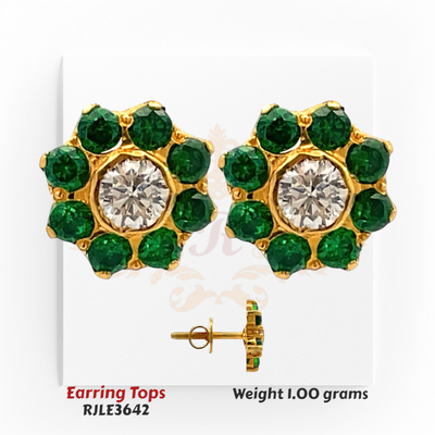 22kt Gold Green Stone &  CZ (Cubic Zirconia) Earring Tops – Floral Cluster Studs