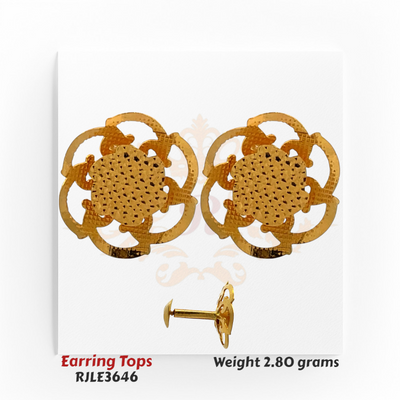 22kt gold floral earring tops with a central textured disc and openwork petal design, product code RJLE3646, weight 2.80 grams.