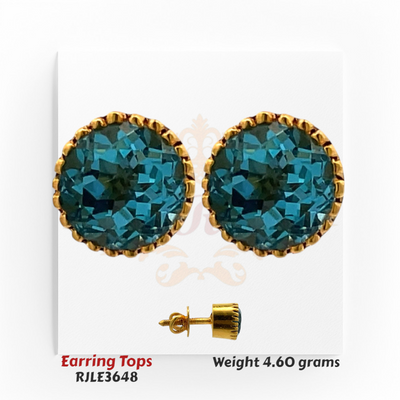 22kt gold earring tops featuring large faceted round teal blue stones in a scalloped bezel setting, product code RJLE3648, weight 4.60 grams.