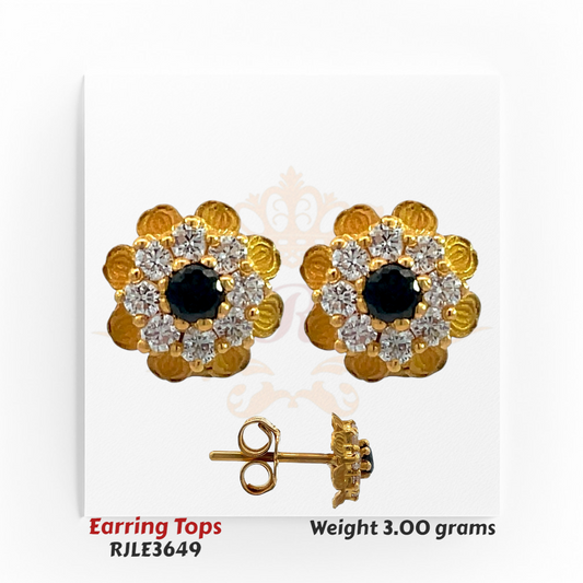 22kt gold earring tops designed as floral clusters with a black center stone surrounded by sparkling white accents and petal-inspired gold etching, product code RJLE3649, weight 3.00 grams.
