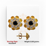 22kt gold earring tops designed as floral clusters with a black center stone surrounded by sparkling white accents and petal-inspired gold etching, product code RJLE3649, weight 3.00 grams.