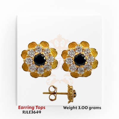 22kt gold earring tops designed as floral clusters with a black center stone surrounded by sparkling white accents and petal-inspired gold etching, product code RJLE3649, weight 3.00 grams.