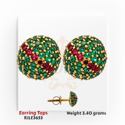 18kt Gold Green & Red Stone Earring Tops – Festive Beaded Cluster Studs