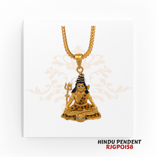 22kt Gold Hindu Pendant RJGPO158 – A finely crafted 22kt yellow gold pendant featuring Lord Shiva seated in a meditative pose on a tiger skin, holding a Trishul. Enhanced with hand-painted details for a divine and artistic look. Weighs 7.00 grams, measuring 1 inch in length and 0.75 inches in width. Perfect for religious devotion, spiritual protection, or as a sacred gift. Available at Regal Jewels.