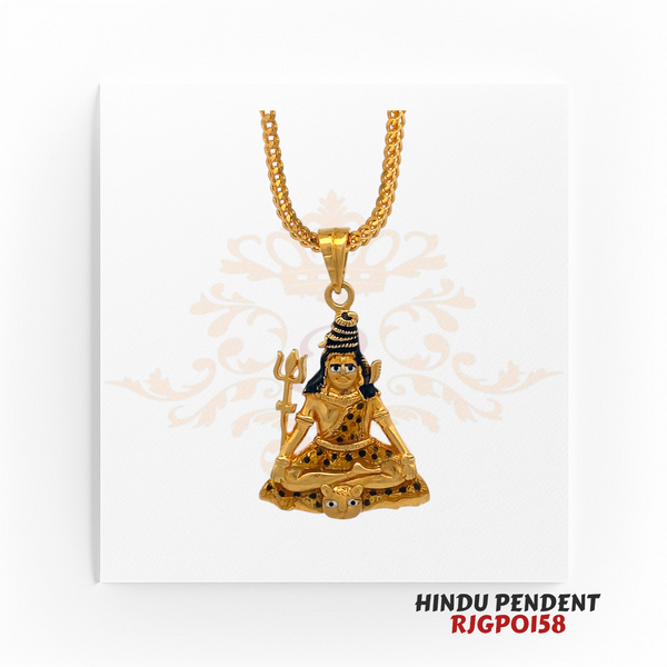 22kt Gold Hindu Pendant RJGPO158 – A finely crafted 22kt yellow gold pendant featuring Lord Shiva seated in a meditative pose on a tiger skin, holding a Trishul. Enhanced with hand-painted details for a divine and artistic look. Weighs 7.00 grams, measuring 1 inch in length and 0.75 inches in width. Perfect for religious devotion, spiritual protection, or as a sacred gift. Available at Regal Jewels.