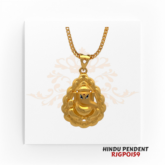 22kt Gold Hindu Pendant RJGPO159 – A finely crafted 22kt yellow gold pendant featuring a detailed Ganesh Ji design with hand-painted facial features, set within an ornate gold frame. Weighs 2.20 grams, measuring 1 inch in length and 0.75 inches in width. Perfect for religious devotion, spiritual protection, or as a meaningful gift. Available at Regal Jewels.