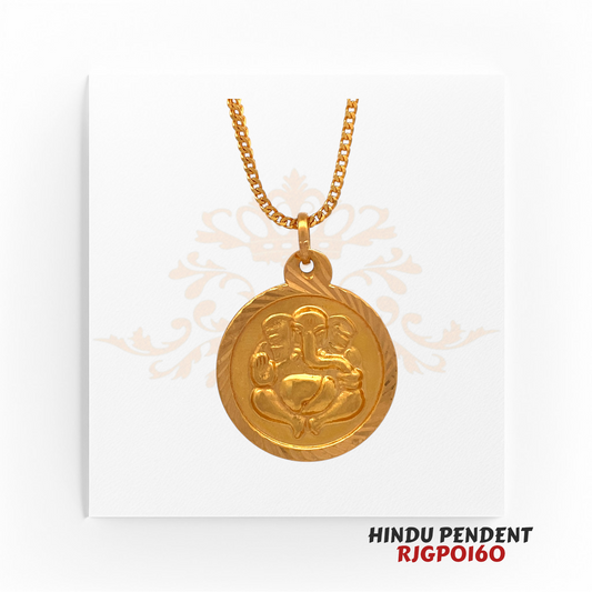 22kt Gold Hindu Pendant RJGPO160 – A finely crafted 22kt yellow gold circular pendant featuring an embossed image of Lord Ganesha with a textured border. Weighs 2.50 grams, measuring 1 inch in length and 1 inch in width. Perfect for religious devotion, daily wear, or as a meaningful gift. Available at Regal Jewels.