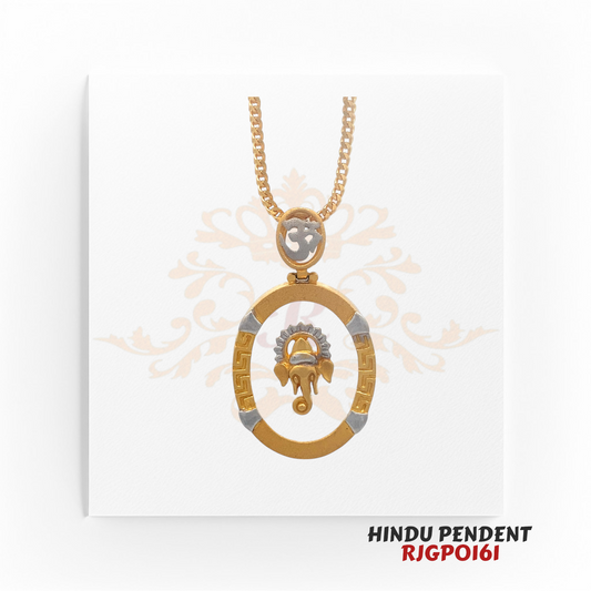 22kt Gold Hindu Pendant RJGPO161 – A finely crafted 22kt yellow gold pendant featuring a Ganesh Ji design, an oval frame with rhodium accents, and an Om symbol at the top. Weighs 7.50 grams, measuring 1 inch in length and 0.75 inches in width. Perfect for religious devotion, spiritual protection, or as a sacred gift. Available at Regal Jewels.