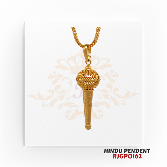22kt Gold Hindu Pendant RJGPO162 – A finely crafted 22kt yellow gold pendant in the shape of Lord Hanuman's Gada (Mace) with intricate filigree detailing. Weighs 5.40 grams, measuring 1.5 inches in length and 0.50 inches in width. Perfect for religious devotion, spiritual protection, or as a sacred gift. Available at Regal Jewels.