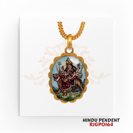 22kt Gold Hindu Pendant RJGPO164 – A finely crafted 22kt yellow gold pendant featuring a hand-painted image of Goddess Durga riding a tiger. Weighs 5.80 grams, measuring 1 inch in length and 0.75 inches in width. Perfect for religious devotion, daily wear, or as a spiritual gift. Available at Regal Jewels.