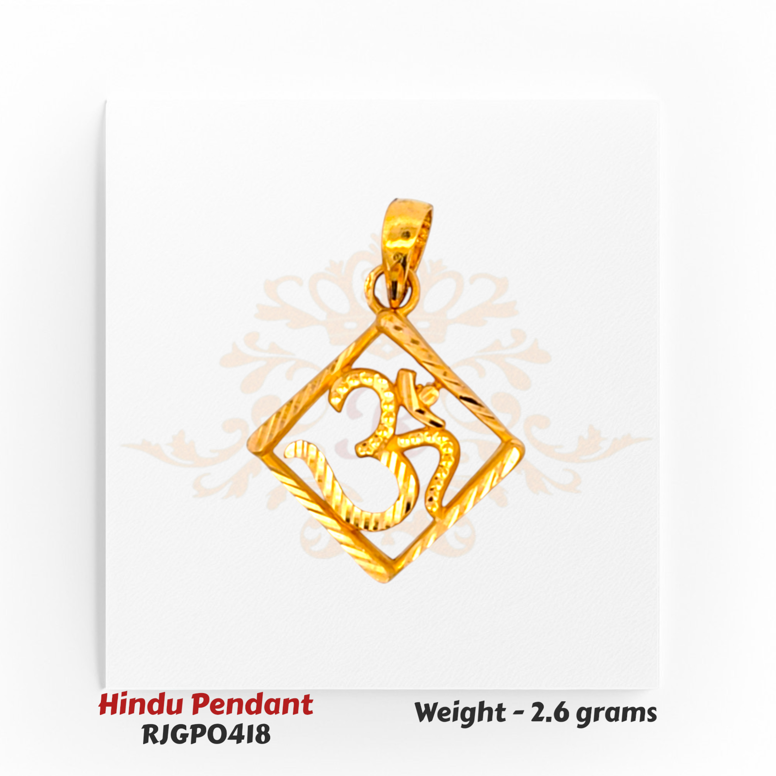 22kt Gold Square Om Pendant with Textured Detailing – Lightweight Hindu Jewelry 2.6 grams – Regal Jewels Chicago