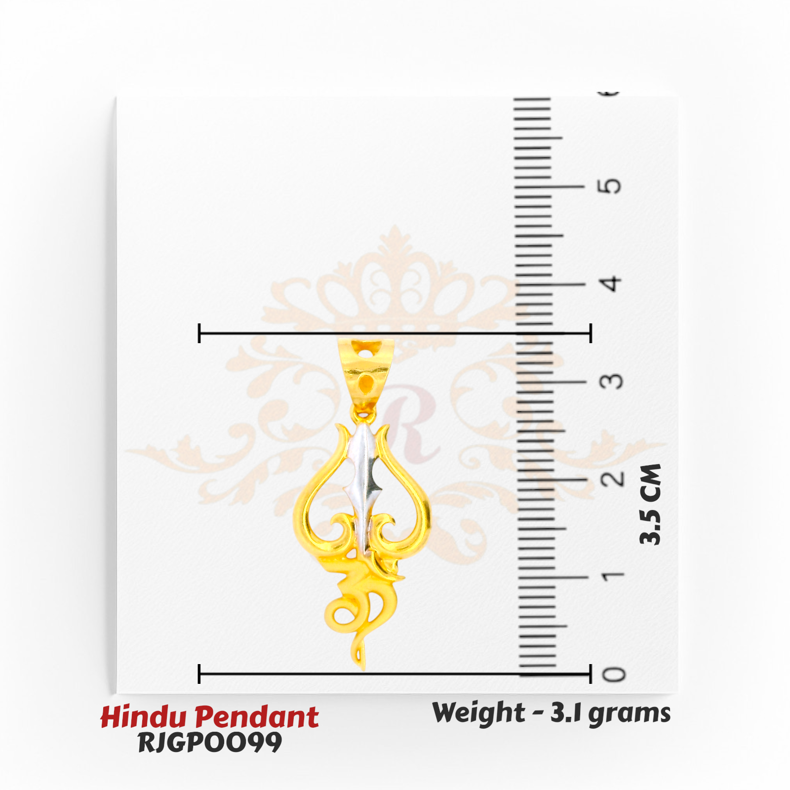 22kt Gold Trishul Om Pendant with Rhodium Accents – 3.5 cm long Hindu Pendant, 3.1 grams – Regal Jewels Chicago
