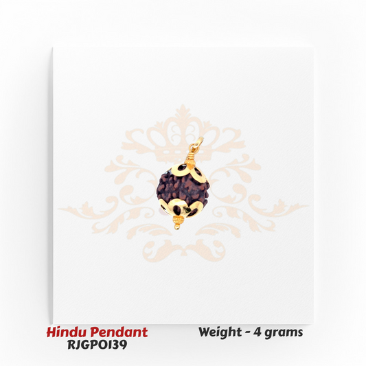 22kt Gold Rudraksha Pendant RJGPO139 – Sacred Rudraksha bead encased in elegant gold detailing, symbolizing peace, protection, and spiritual energy, handcrafted devotional jewelry by Regal Jewels Chicago.