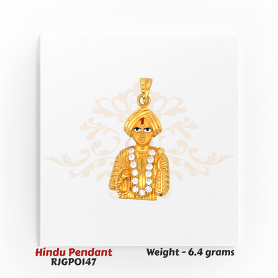 22kt Gold Swaminarayan Pendant RJGPO147 – Detailed Hindu pendant featuring Swaminarayan idol design with stone accents, spiritual gold jewelry by Regal Jewels Chicago.