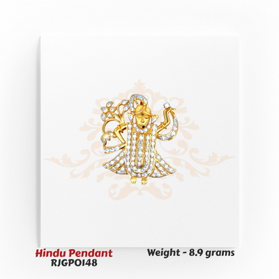 22kt Gold Lord Krishna Pendant RJGPO148 – Sparkling cubic-stone design depicting Lord Krishna playing flute, artistic Hindu devotional pendant by Regal Jewels Chicago.