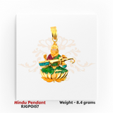 22kt Gold Saraswati Pendant RJGPO157 – Multicolor enamel Hindu pendant depicting Goddess Saraswati playing veena on lotus, divine handcrafted gold jewelry by Regal Jewels Chicago.