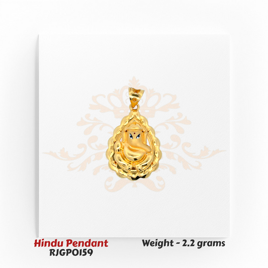 22kt Gold Ganesha Pendant RJGPO159 – Artistic teardrop design with handcrafted Lord Ganesha figure, traditional and spiritual Hindu jewelry by Regal Jewels Chicago.