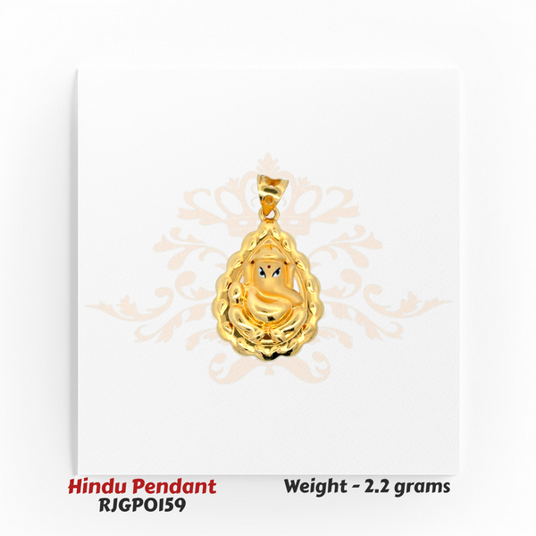 22kt Gold Ganesha Pendant RJGPO159 – Artistic teardrop design with handcrafted Lord Ganesha figure, traditional and spiritual Hindu jewelry by Regal Jewels Chicago.