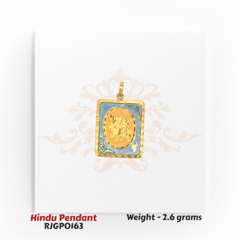 22kt Gold Durga Maa Pendant RJGPO163 – Rectangular gold and blue enamel Hindu pendant featuring Goddess Durga, elegant religious jewelry by Regal Jewels Chicago.