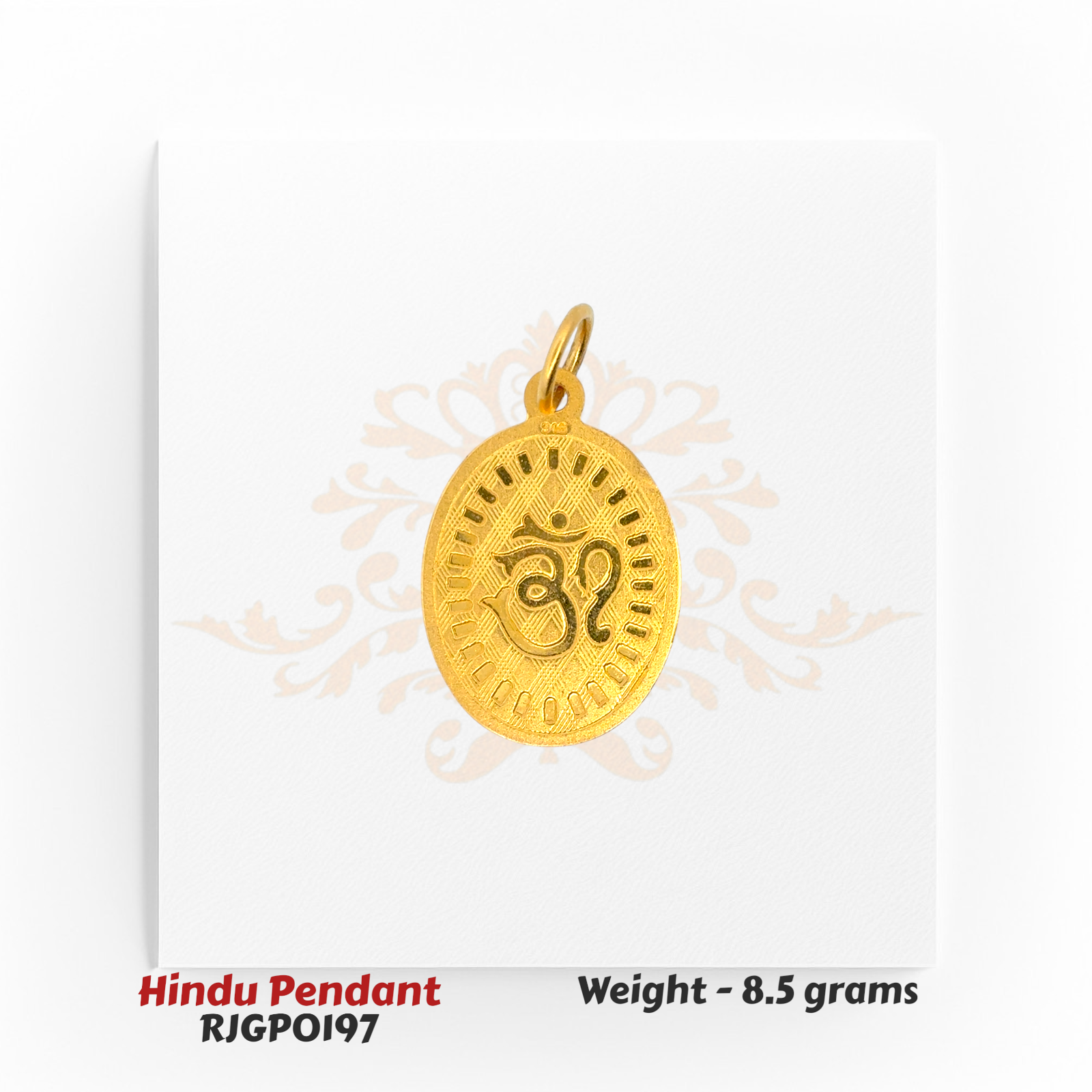 22kt Gold Om Symbol Pendant RJGPO197 – Engraved oval gold pendant with sacred Om design, symbolizing peace and spirituality by Regal Jewels Chicago.