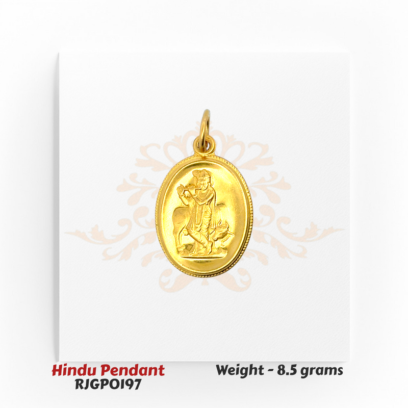 22kt Gold Krishna Pendant RJGPO197 – Oval gold Hindu pendant featuring Lord Krishna playing flute, elegant devotional jewelry by Regal Jewels Chicago.