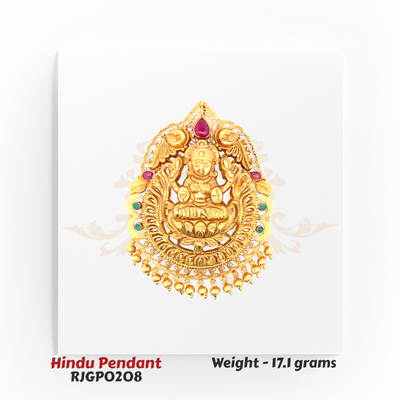 22kt Gold Lakshmi Temple Pendant RJGPO208 – Antique temple-style gold pendant adorned with rubies, emeralds, and Goddess Lakshmi, traditional South Indian jewelry by Regal Jewels Chicago.