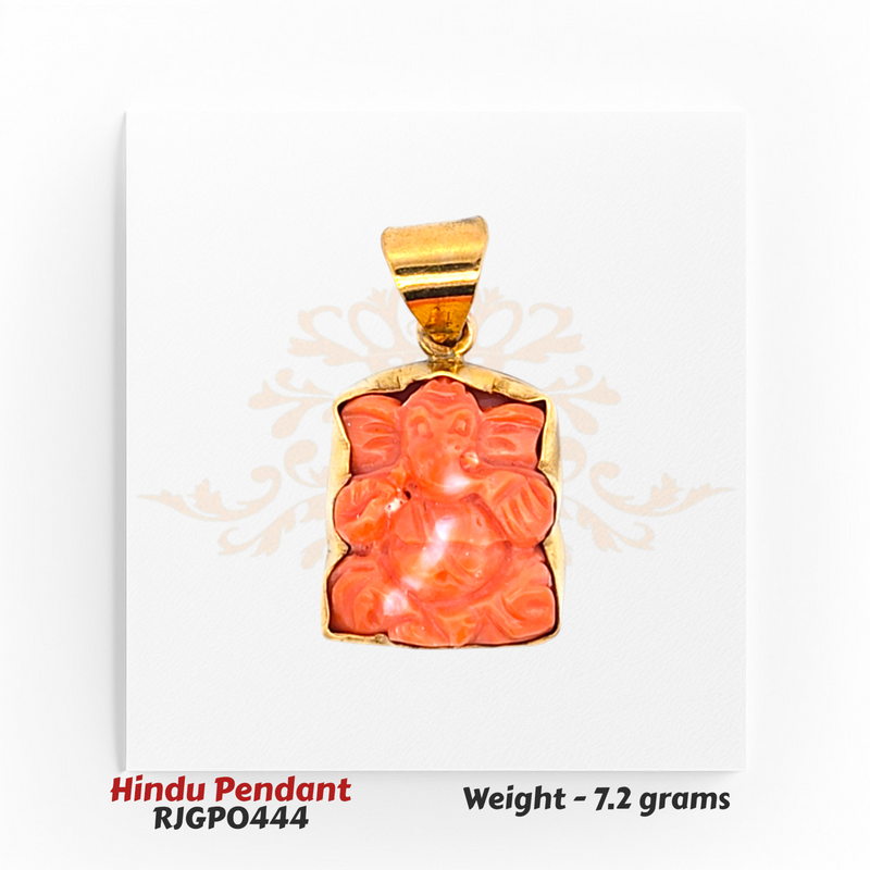 22kt Gold Lord Ganesha Coral Pendant – Hand-Carved Gemstone Design – 7.2 grams (RJGP0444) Regal Jewels Chicago