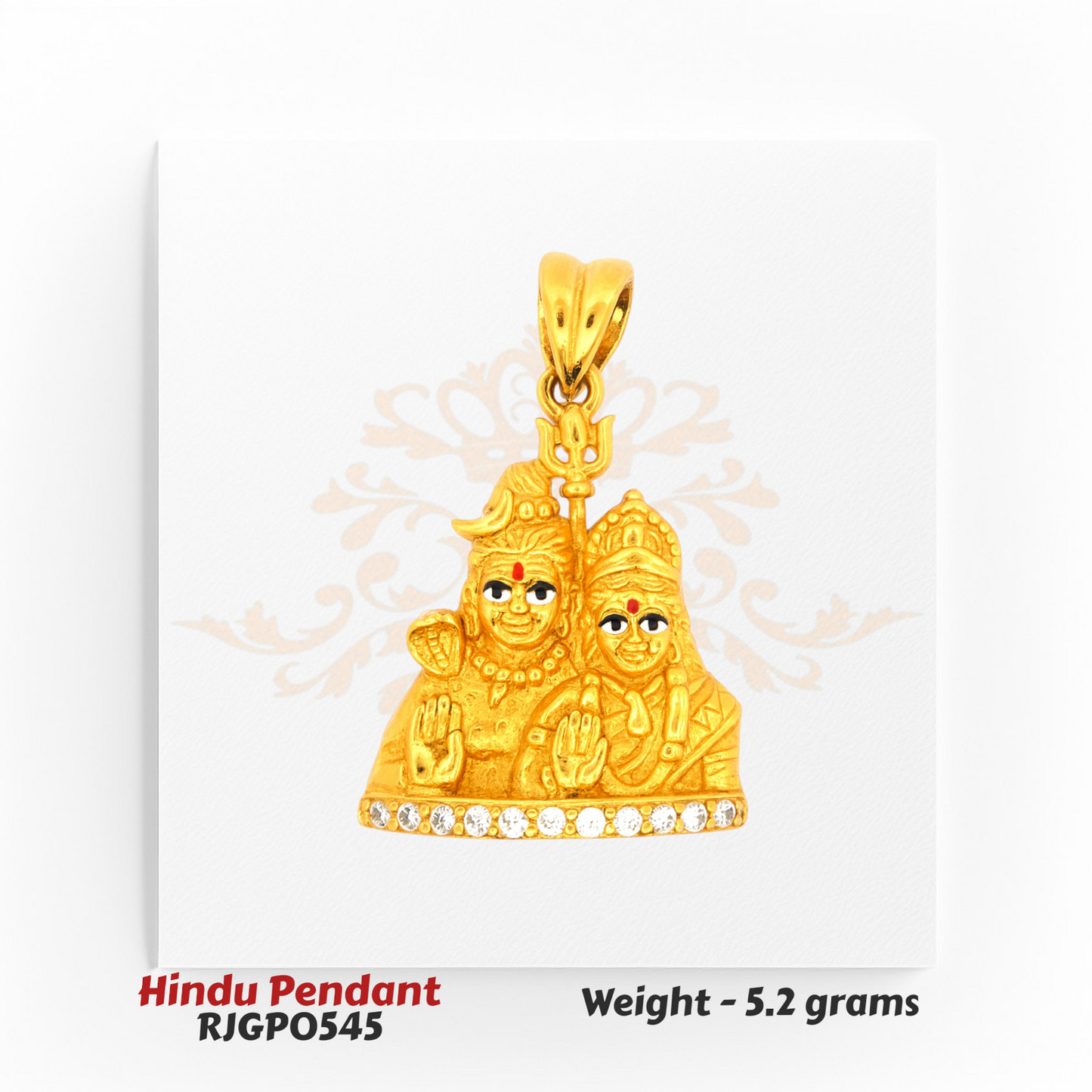 22kt Gold Hindu Pendant RJGP0545 – detailed Lord Shiva and Goddess Parvati design with diamond accents, 5.2 grams – divine gold pendant by Regal Jewels Chicago.