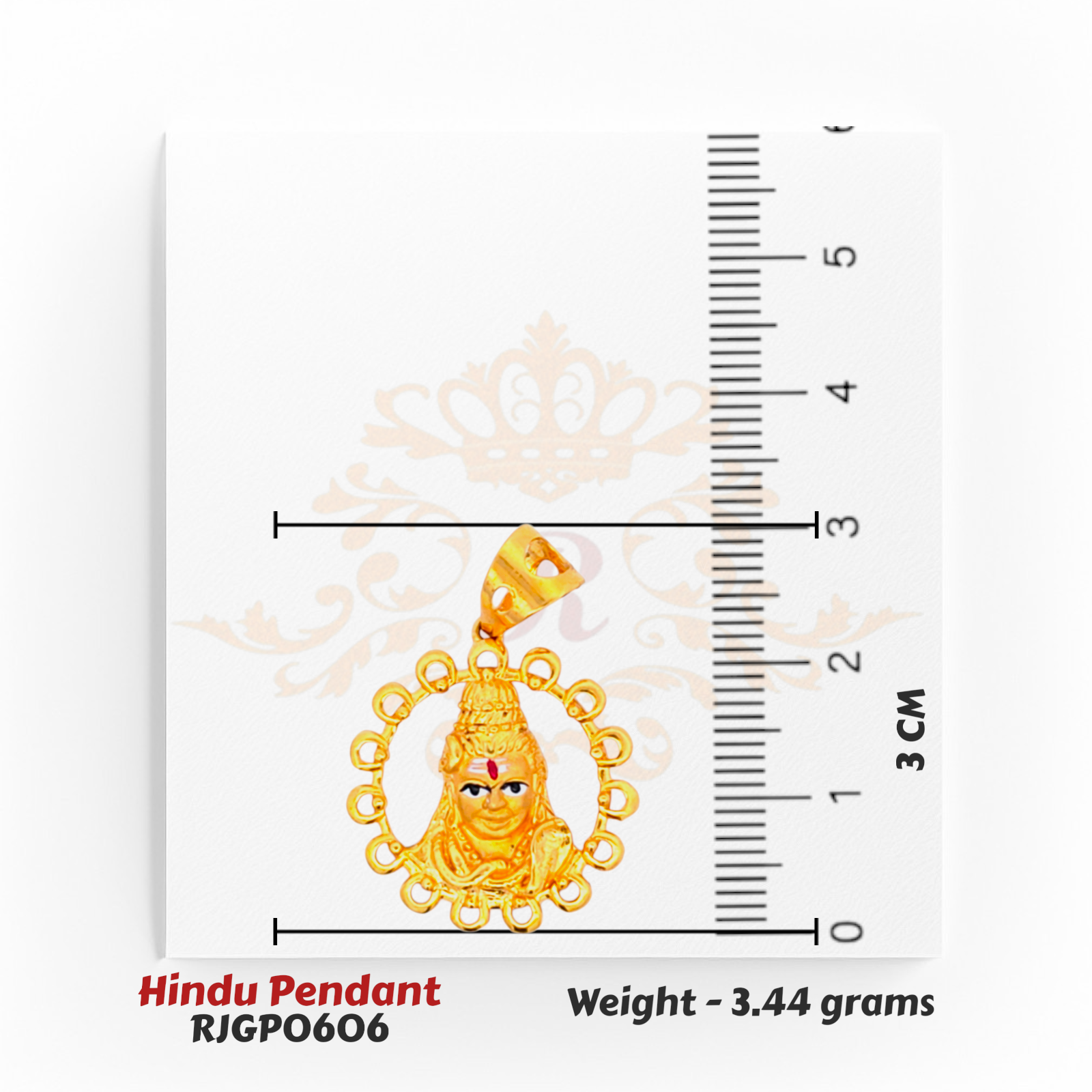 22kt Gold Hindu Pendant RJGP0606 – close-up with ruler showing 3cm height, 3.44 grams – divine gold religious jewelry by Regal Jewels Chicago.