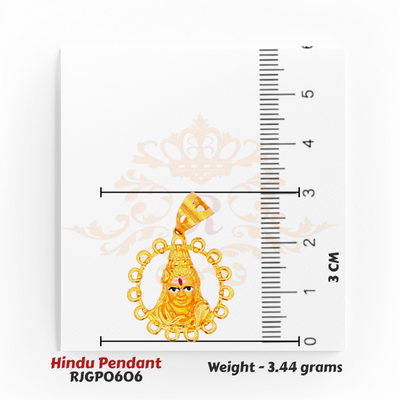 22kt Gold Hindu Pendant RJGP0606 – close-up with ruler showing 3cm height, 3.44 grams – divine gold religious jewelry by Regal Jewels Chicago.