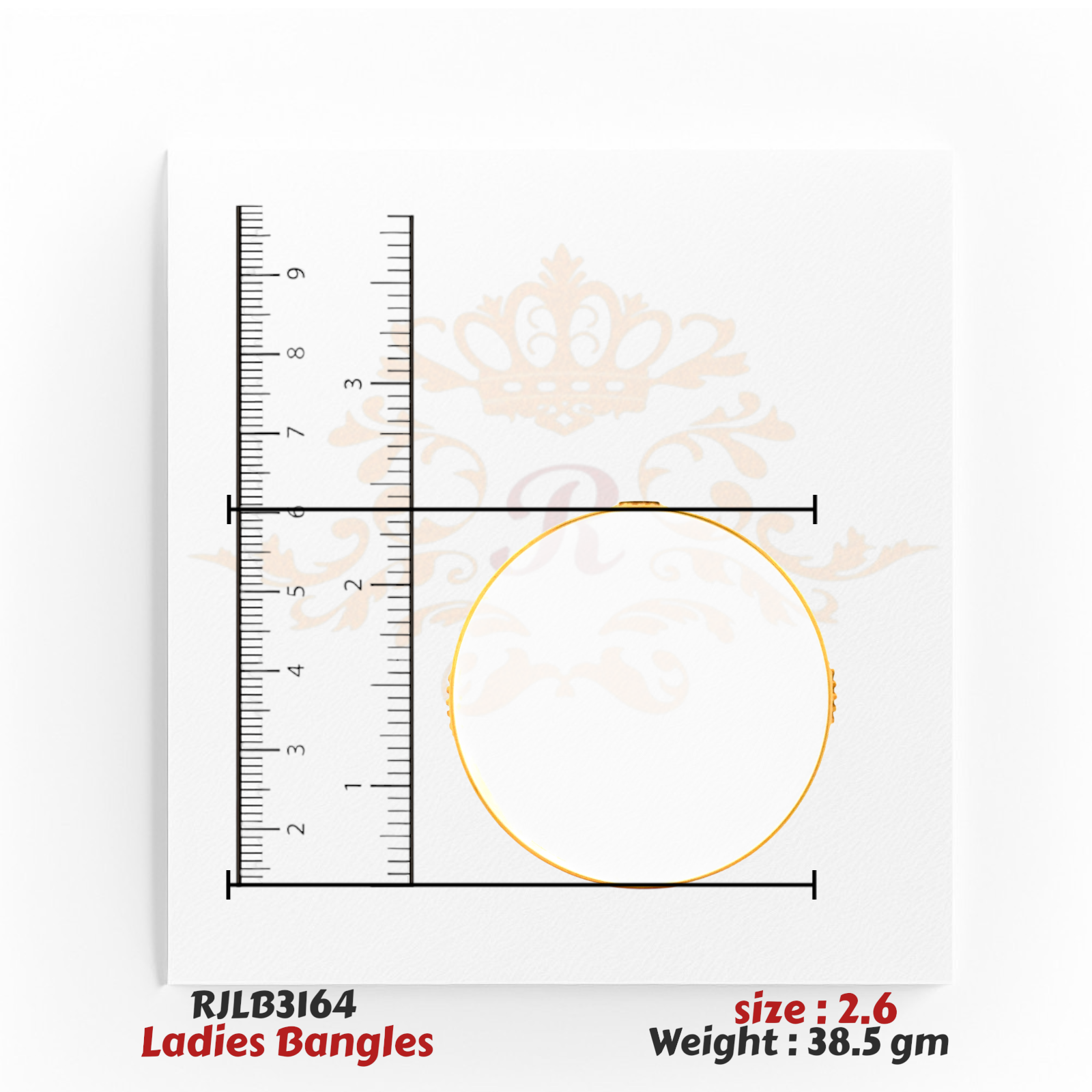 Top view of a gold ladies bangle with a smooth, polished finish, displayed with a ruler for accurate sizing. Model RJLB3164.