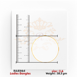 Top view of a gold ladies bangle with a smooth, polished finish, displayed with a ruler for accurate sizing. Model RJLB3164.