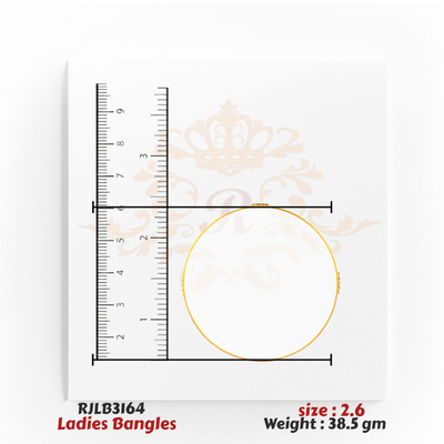 Top view of a gold ladies bangle with a smooth, polished finish, displayed with a ruler for accurate sizing. Model RJLB3164.