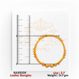 Top view of a gold ladies bangle with intricate textured detailing and evenly spaced spherical bead accents along the outer edge, displayed with a ruler for precise sizing. Model RJLB3205.