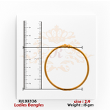Top view of a plain gold ladies bangle featuring a minimal design with a small raised decorative element, displayed with a ruler for precise size reference. Model RJLB3206.