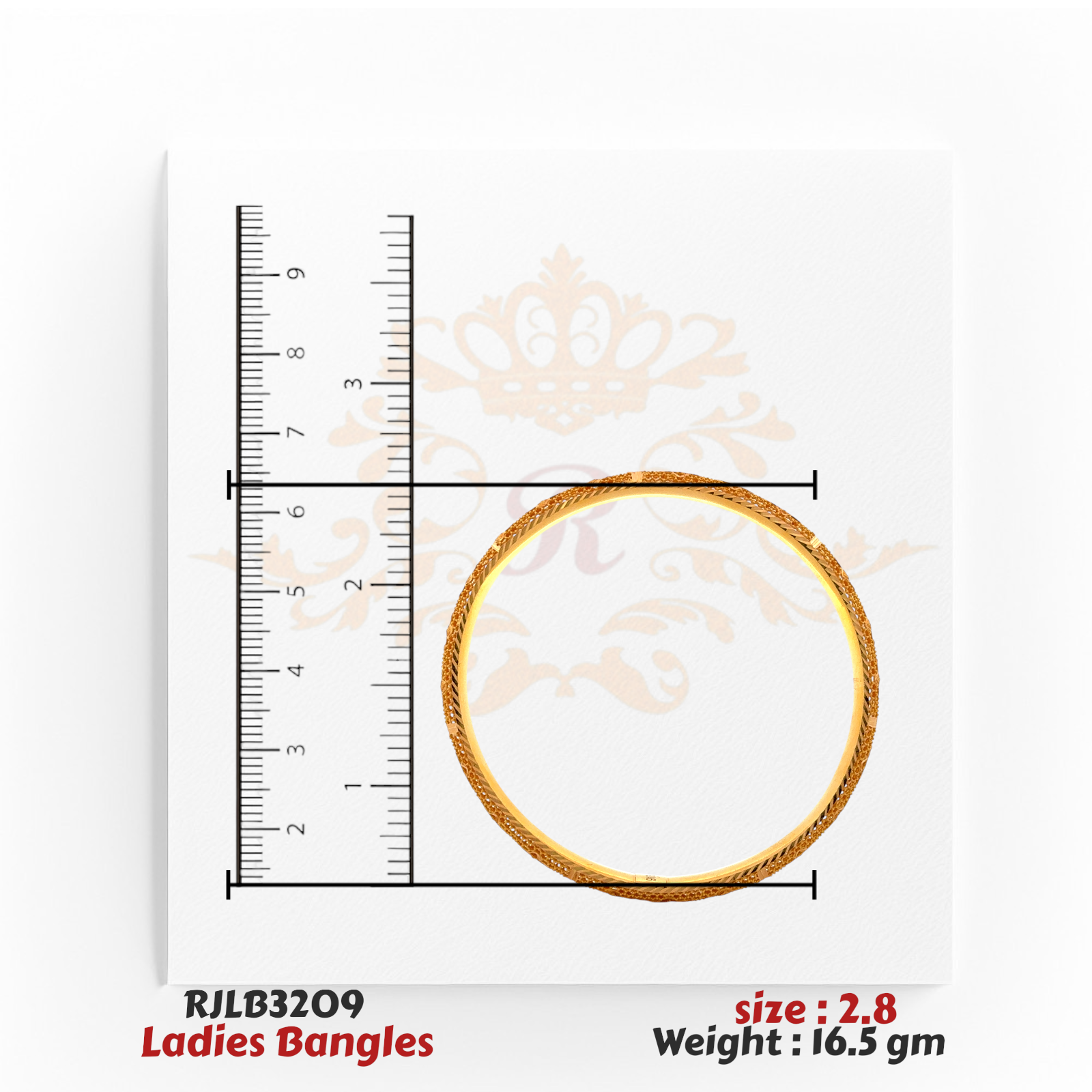 Top view of a gold ladies bangle featuring a twisted rope-like engraved pattern along the band, displayed with a ruler for precise size reference. Model RJLB3209.