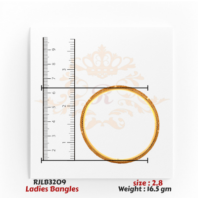 Top view of a gold ladies bangle featuring a twisted rope-like engraved pattern along the band, displayed with a ruler for precise size reference. Model RJLB3209.