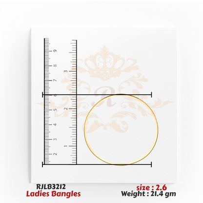 Top view of a sleek, plain gold ladies bangle with a smooth, polished surface, displayed alongside a ruler for precise measurement. Model RJLB3212.