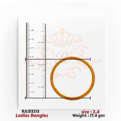 Top view of a gold ladies bangle featuring a fine textured pattern along the band, displayed with a ruler for accurate measurement. Model RJLB3213.